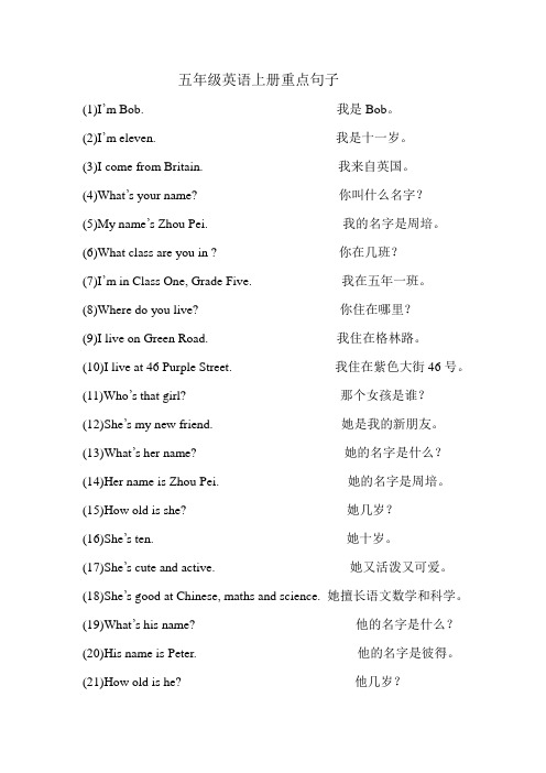 五年级英语上册重点句子