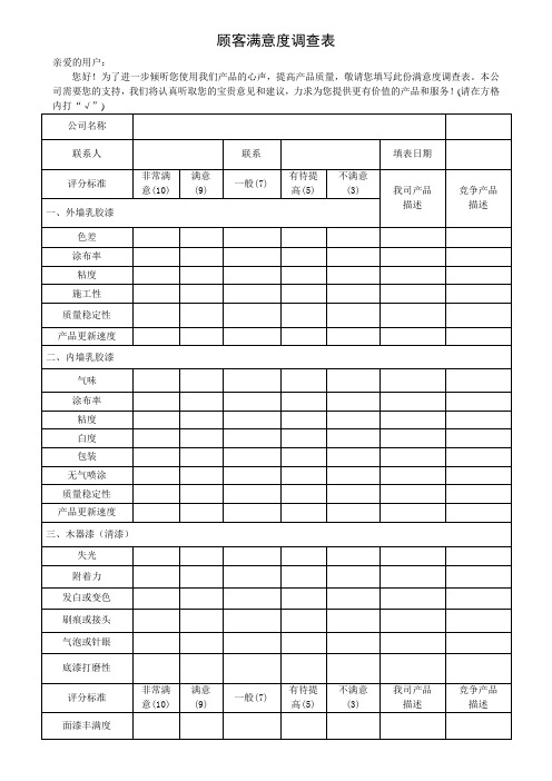 涂料顾客满意度调查表