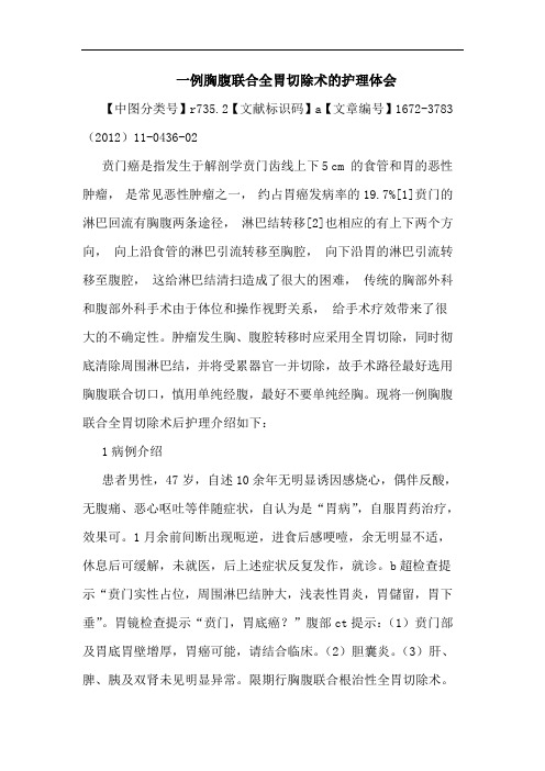 一例胸腹联合全胃切除术护理论文