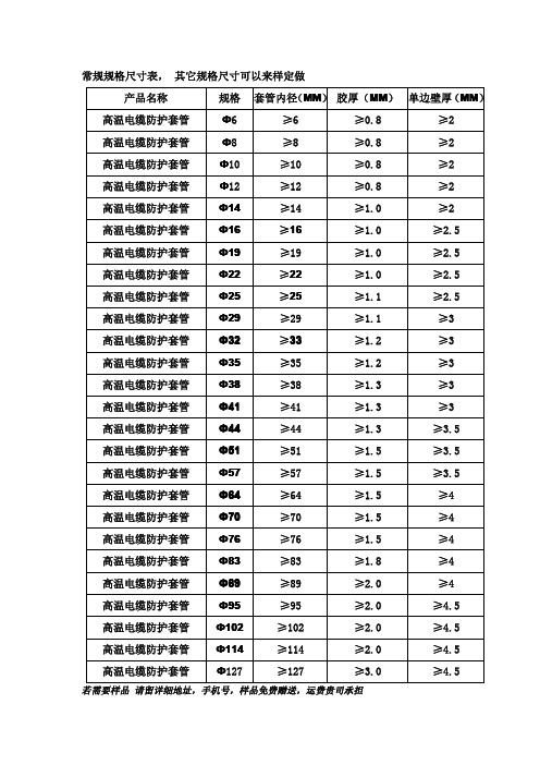 高温套管常规规格尺寸表