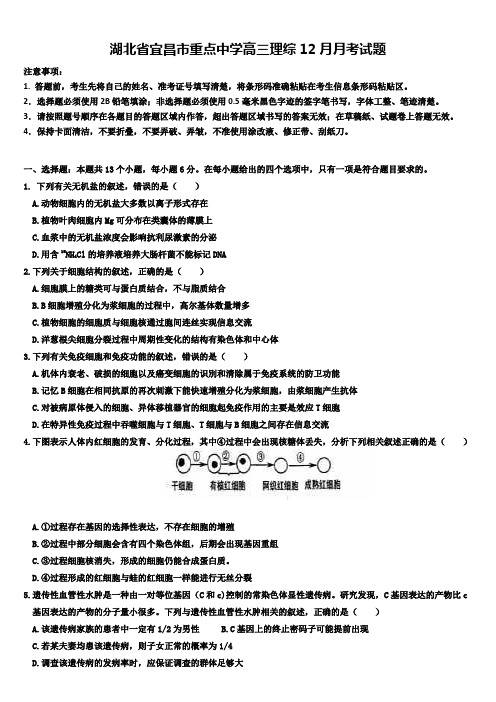 湖北省宜昌市重点中学高三理综12月月考试题