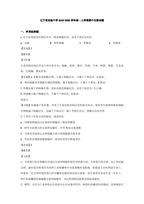 2019-2020学年辽宁省实验中学高一上学期期中考试生物试题 Word版含解析