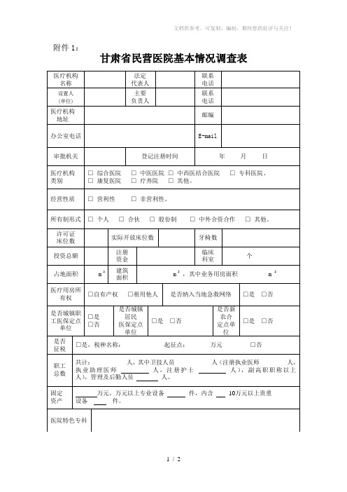 甘肃省民营医院基本情况调查表