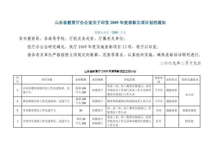 山东省教育厅办公室关于印发2009年度表彰立项计划的通