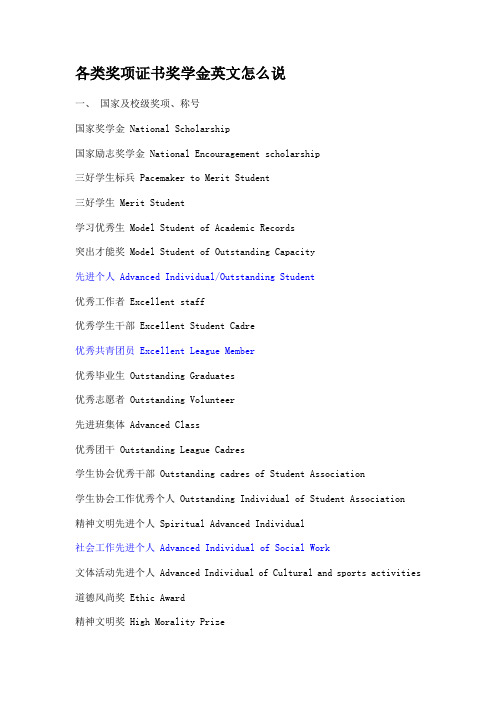 英文描述各种奖学金