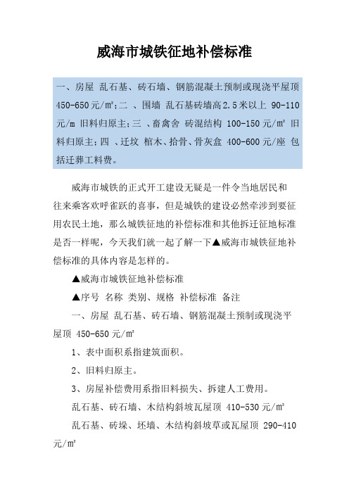 威海市城铁征地补偿标准