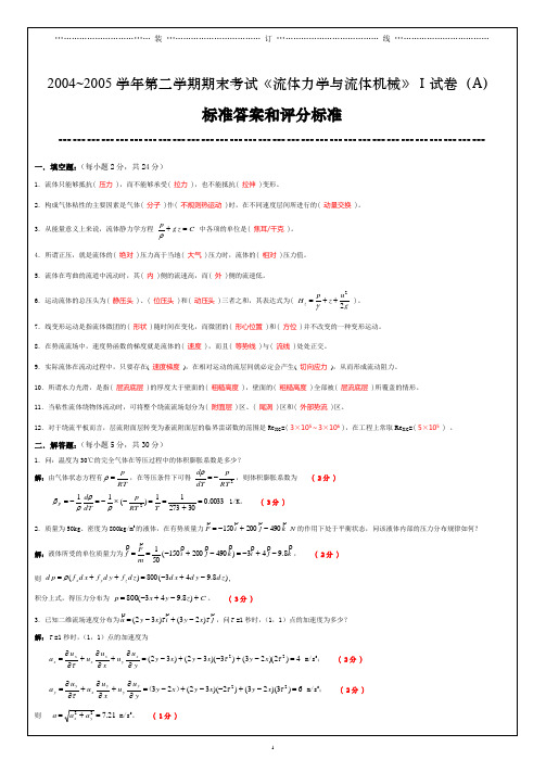 03级《流体力学》Ⅰ试卷标准答案