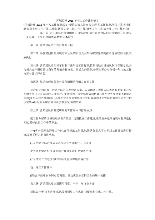 区域经理2018年个人工作计划范文