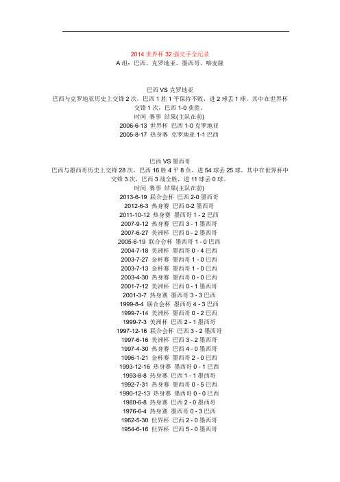 2014巴西世界杯32强交手全纪录