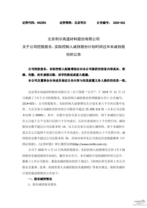 北京利尔：关于公司控股股东、实际控制人减持股份计划时间过半未减持股份的公告