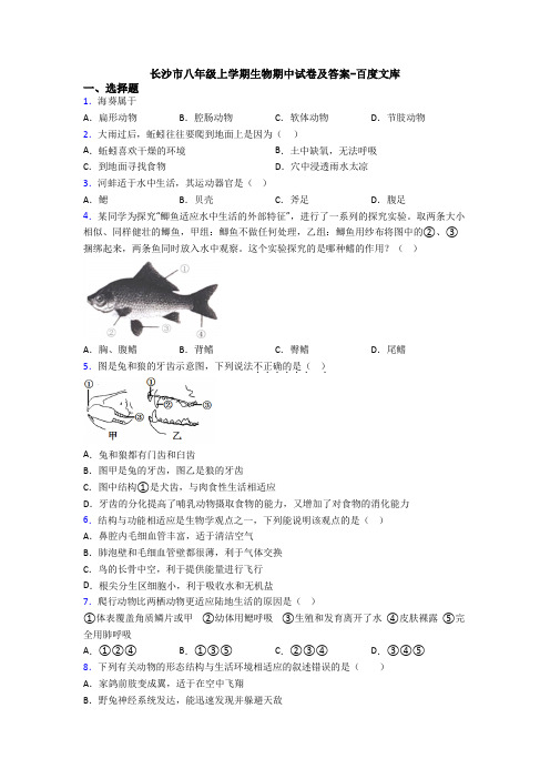 长沙市八年级上学期生物期中试卷及答案-百度文库