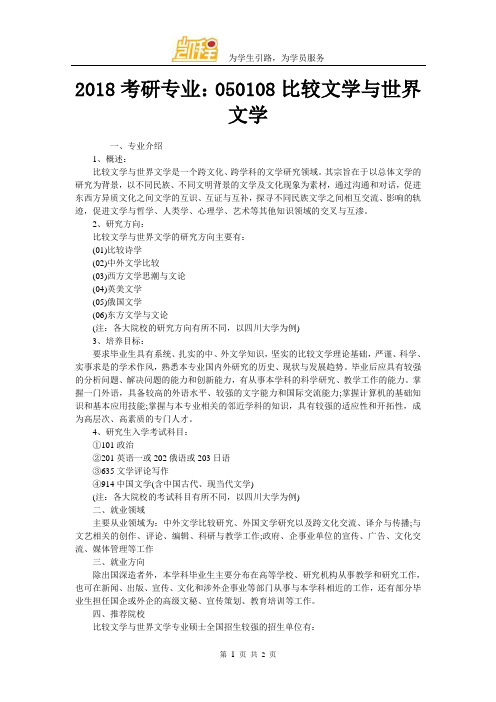 2018考研专业：050108比较文学与世界文学