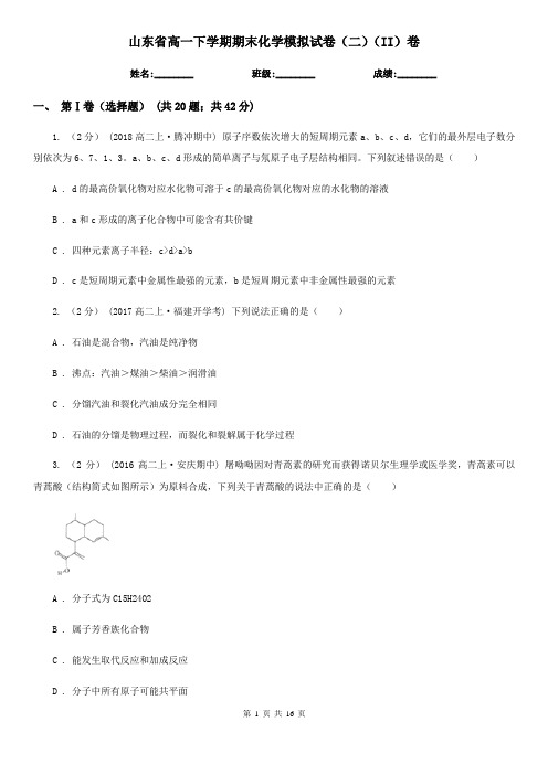 山东省高一下学期期末化学模拟试卷(二)(II)卷