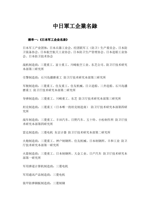 中日军工企业名录