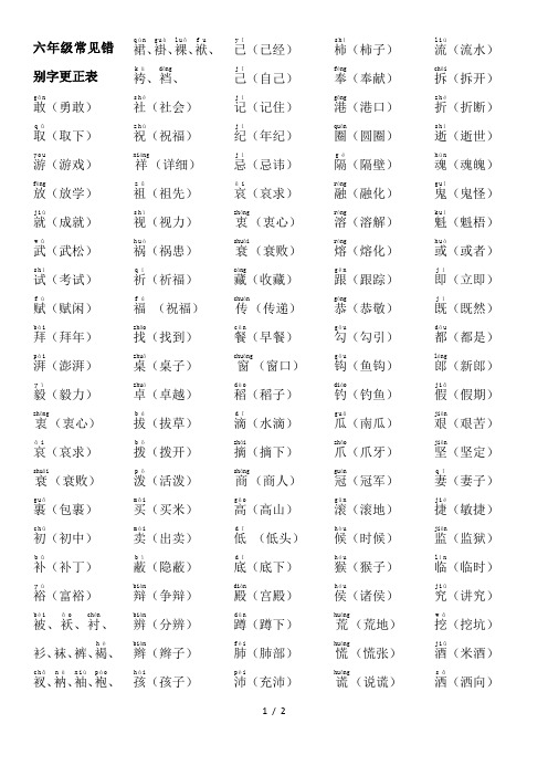 六年级学生常见错别字更正表(有组词)