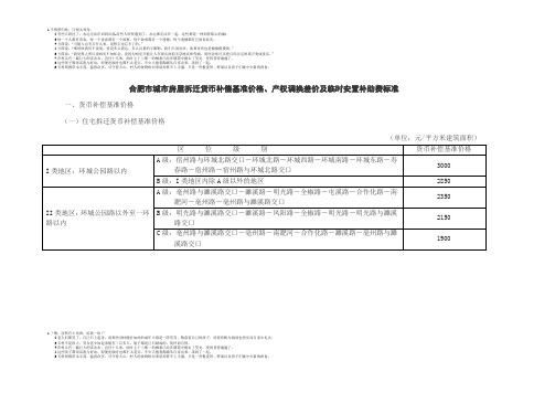 合肥市城市房屋拆迁货币补偿基准价格、产权调换差价及临时安置补助费标准