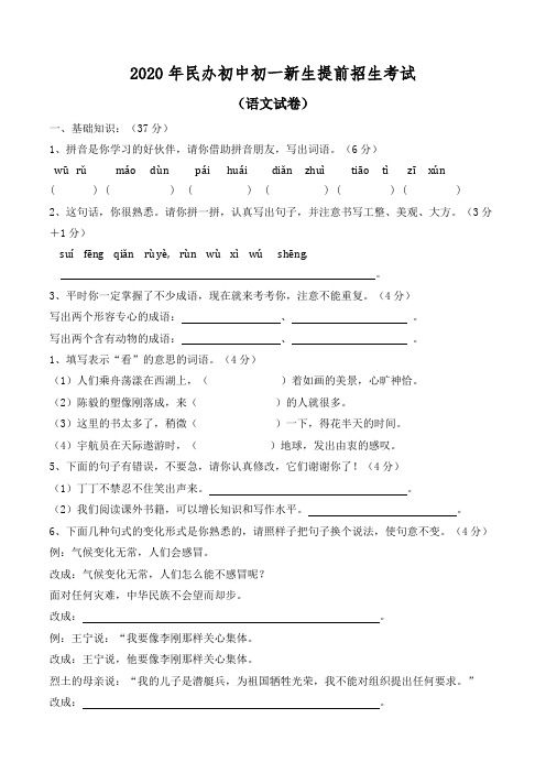 2020年民办中学小升初提前招生考试语文数学整套试卷及答案