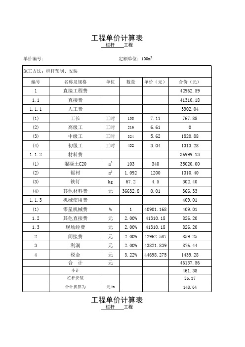 栏杆单价 工作表