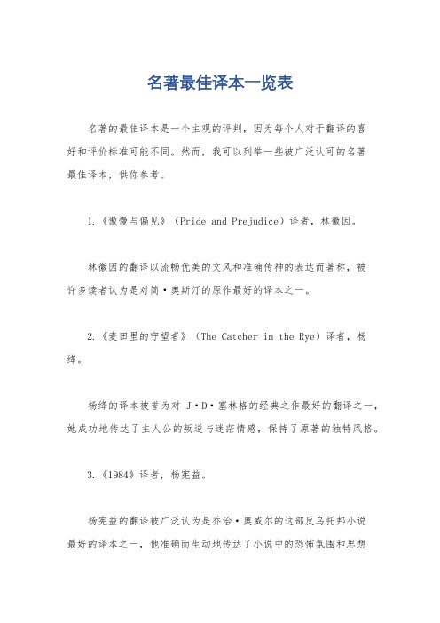 名著最佳译本一览表