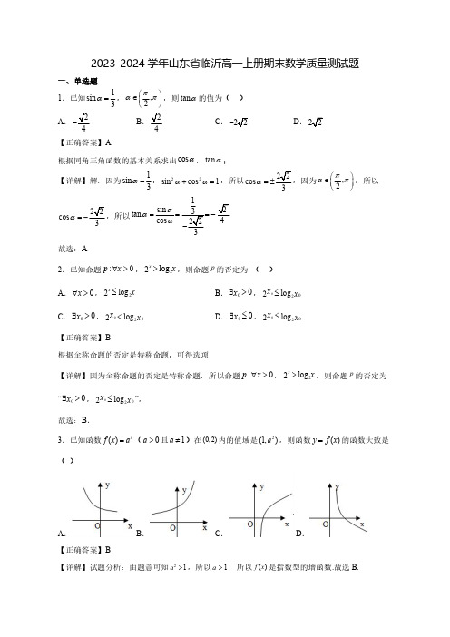 2023-2024学年山东省临沂高一上学期期末数学质量测试题(含答案)