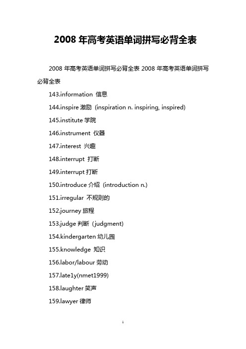 2008年高考英语单词拼写必背全表