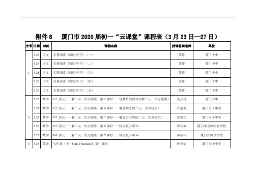 厦门市2020届初一“云课堂”课程月23日—27日