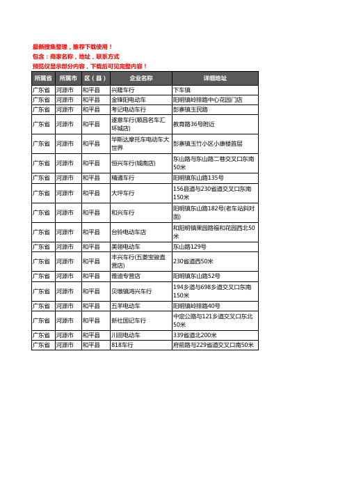 新版广东省河源市和平县电动车企业公司商家户名录单联系方式地址大全18家