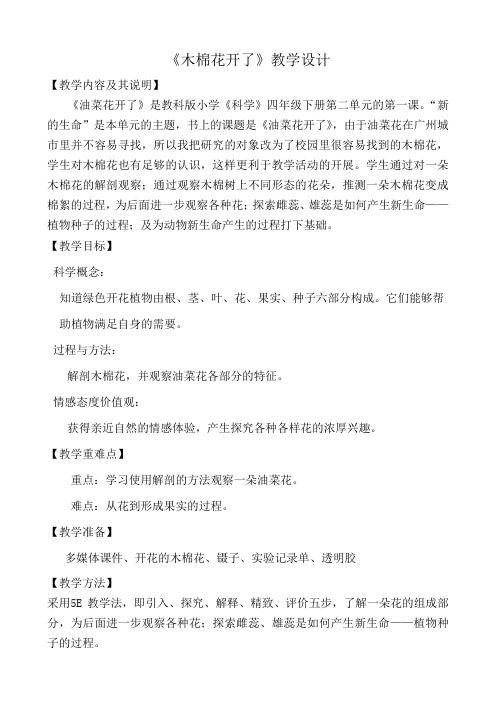 四年级下册科学教案 2.1 油菜花开了木棉花开了教科版