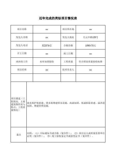 近年完成的类似的工程情况表