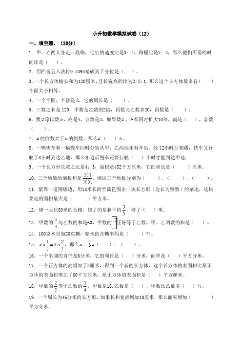 【小升初】小升初数学模拟试卷(12) (含答案)