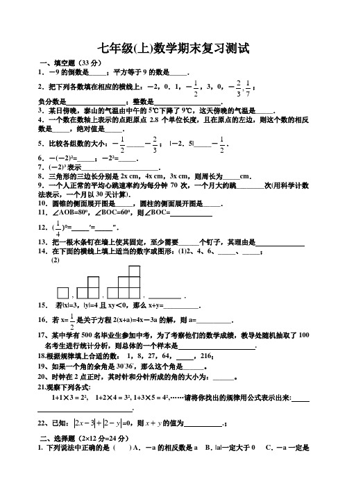 七年级上学期期末复习测试模拟试题