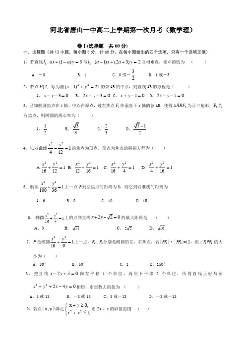 河北省唐山一中高二上学期第一次月考(数学理).doc