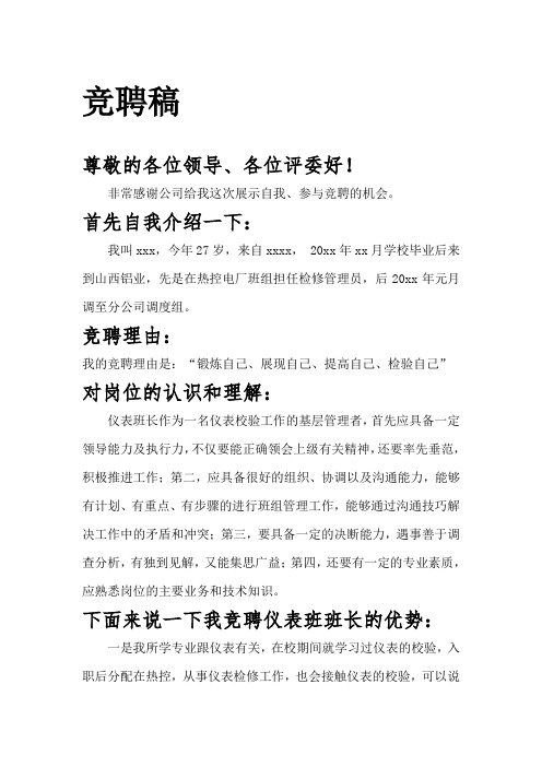 仪表班长竞聘材料