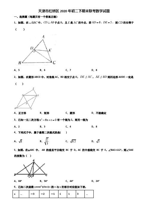 天津市红桥区2020年初二下期末联考数学试题含解析