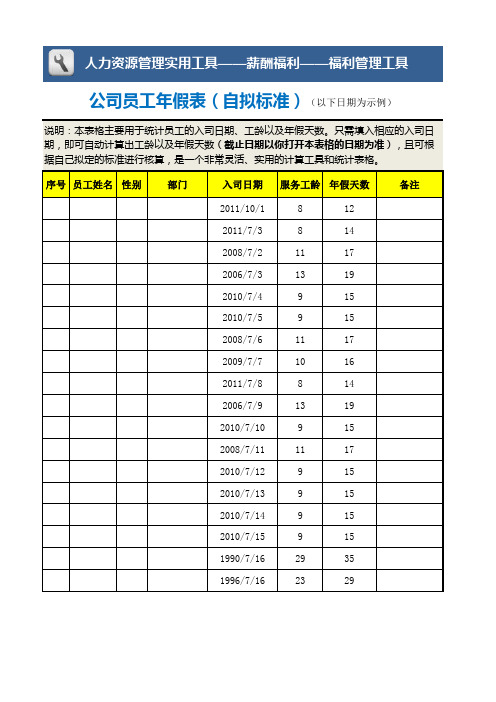 公司员工年假表