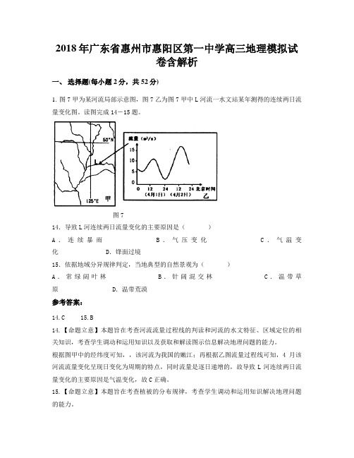 2018年广东省惠州市惠阳区第一中学高三地理模拟试卷含解析