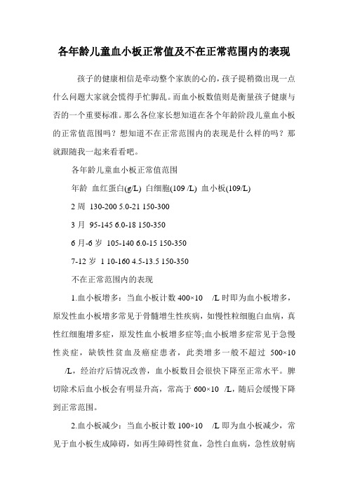 各年龄儿童血小板正常值及不在正常范围内的表现.doc