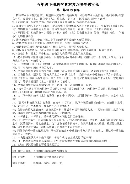 五年级下册科学素材复习资料教科版