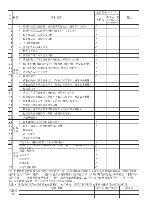 银行授信业务资料交接清单