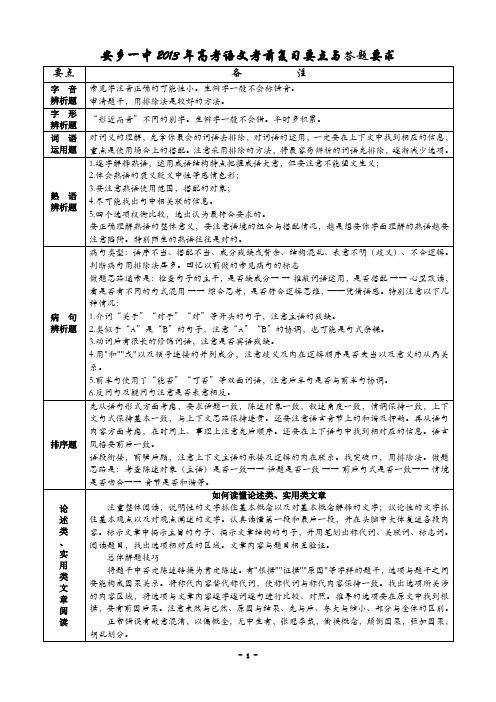 安乡一中2013年高考语文考前复习要点与要求    安乡一中    龚德国