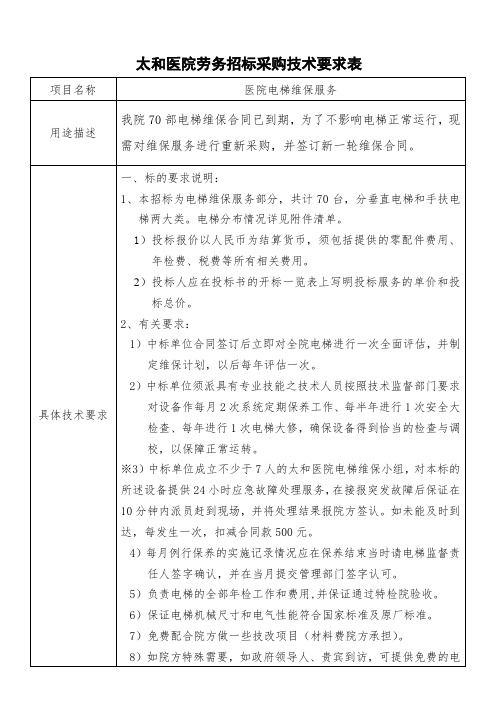 太和医院劳务招标采购技术要求表