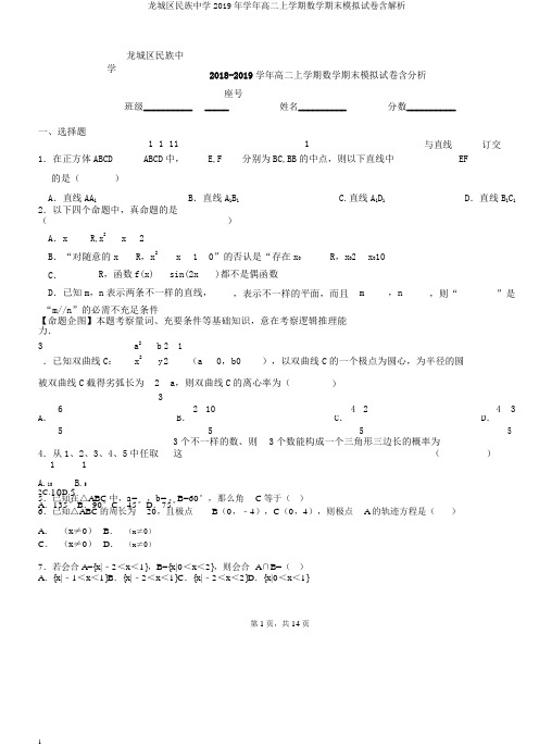 龙城区民族中学2019年学年高二上学期数学期末模拟试卷含解析
