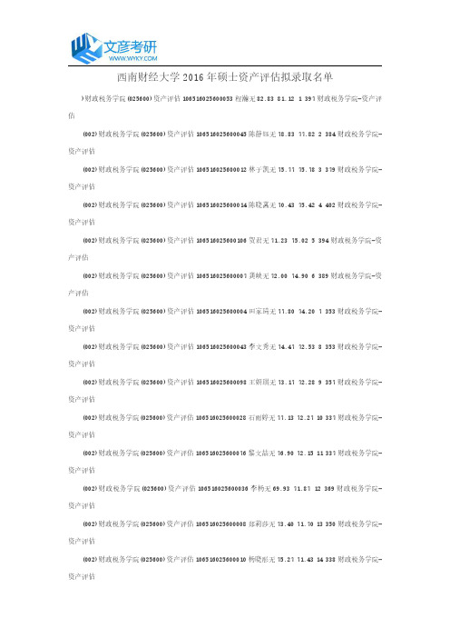 西南财经大学2016年硕士资产评估拟录取名单