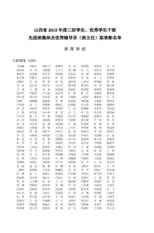 山西省2013年度三好学生优秀学生干部
