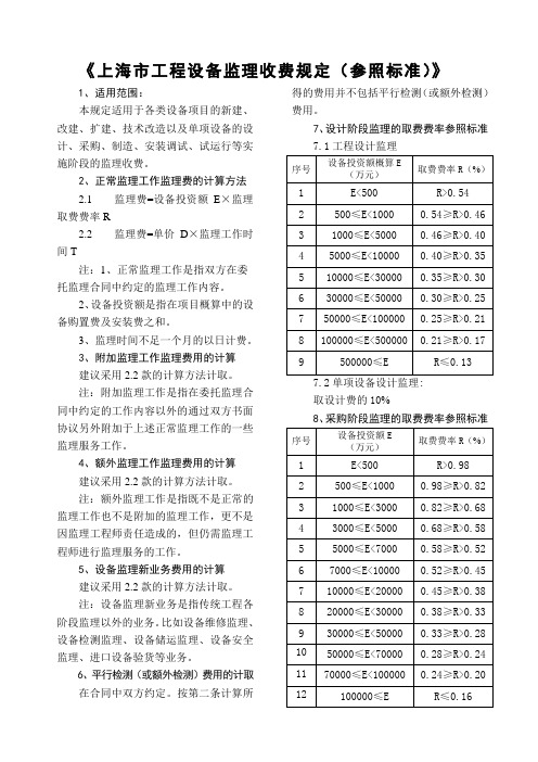 上海市工程设备监理收费规定(参照标准)