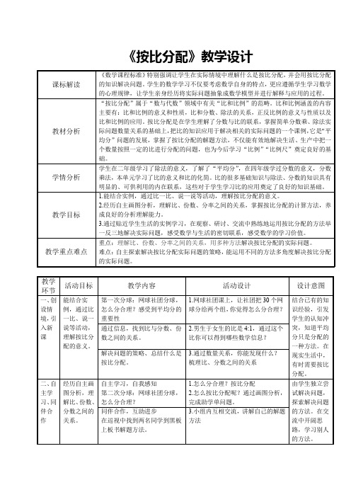 小学数学_按比分配教学设计学情分析教材分析课后反思