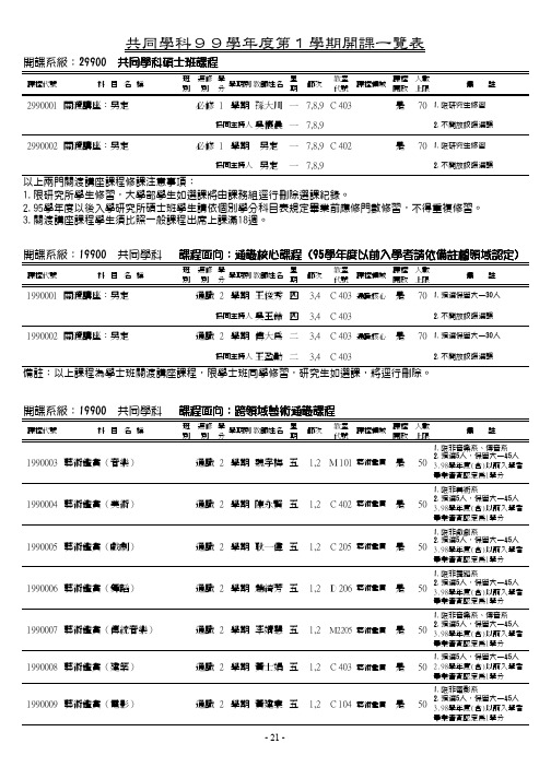 共同学科99学年度第1学期开课一览表