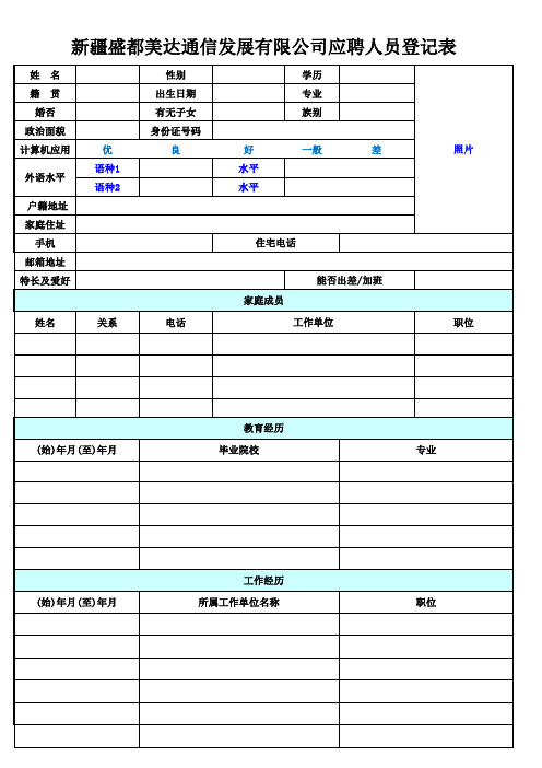 应聘人员登记表