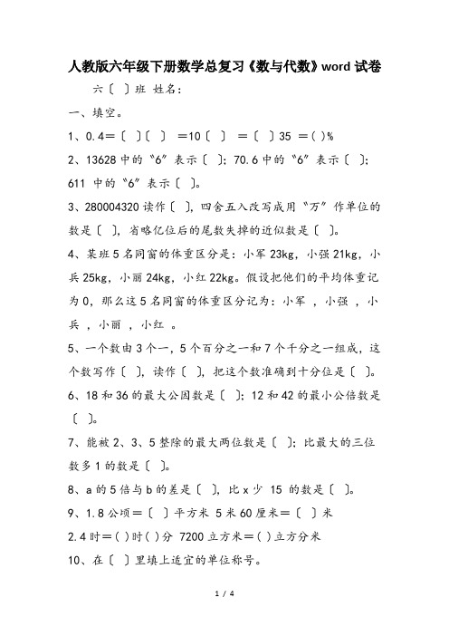 人教版六年级下册数学总复习《数与代数》word试卷