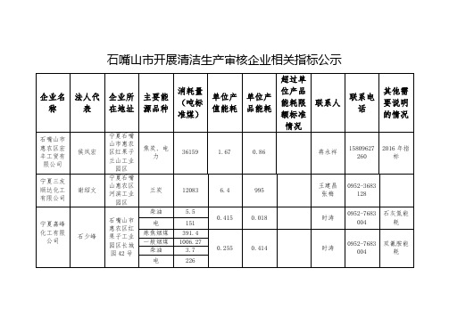 石嘴山市开展清洁生产审核企业相关指标公示